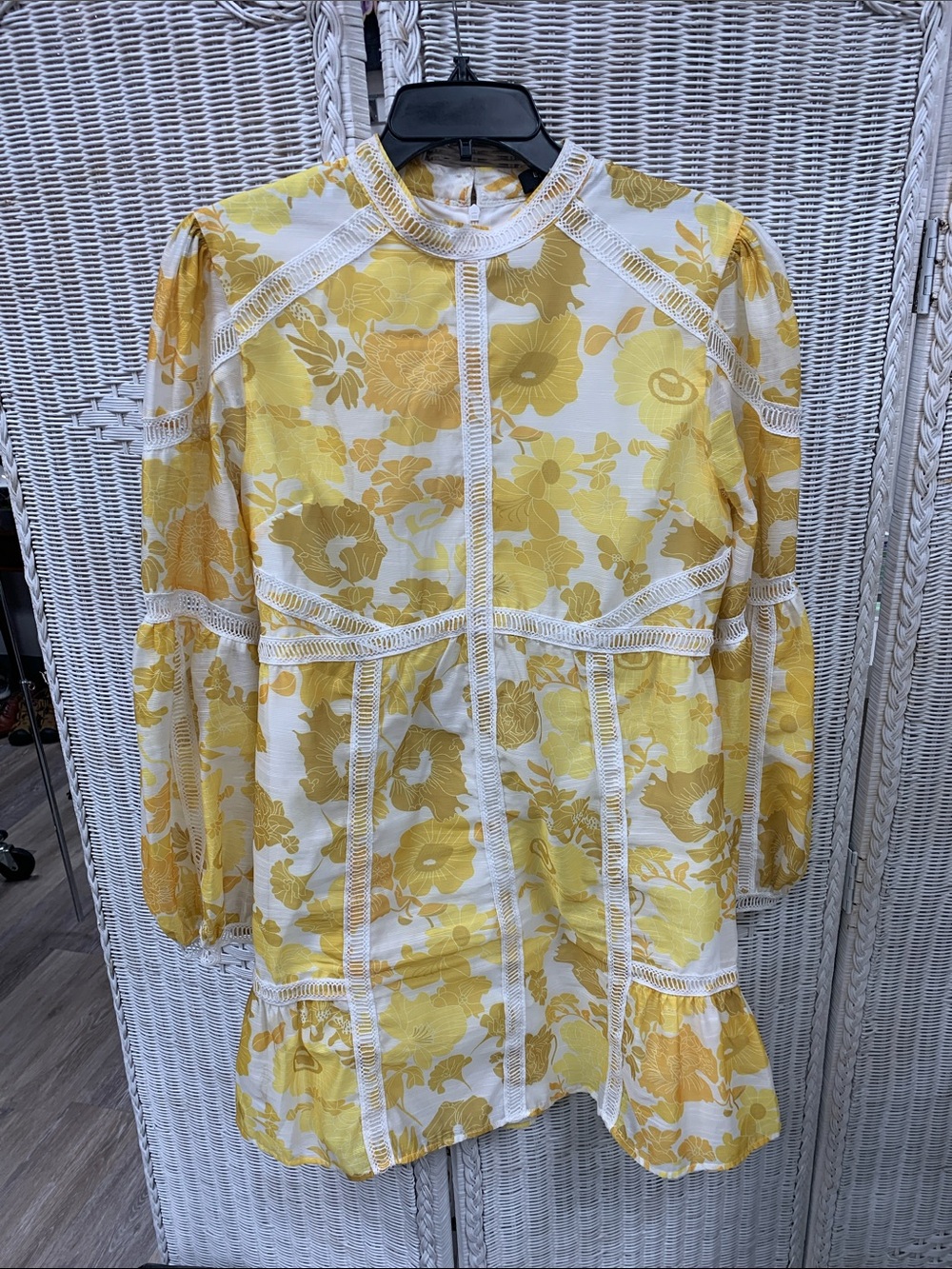 Beulah Yellow Floral Lace-Trim Long Sleeve Dress